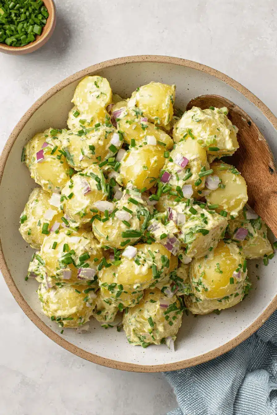 Ultimate Creamy Mustard Potato Salad Guide 2 Overhead view of a hearty mustard potato salad in a rustic bowl, garnished with fresh chives and red onion, ready to be served.