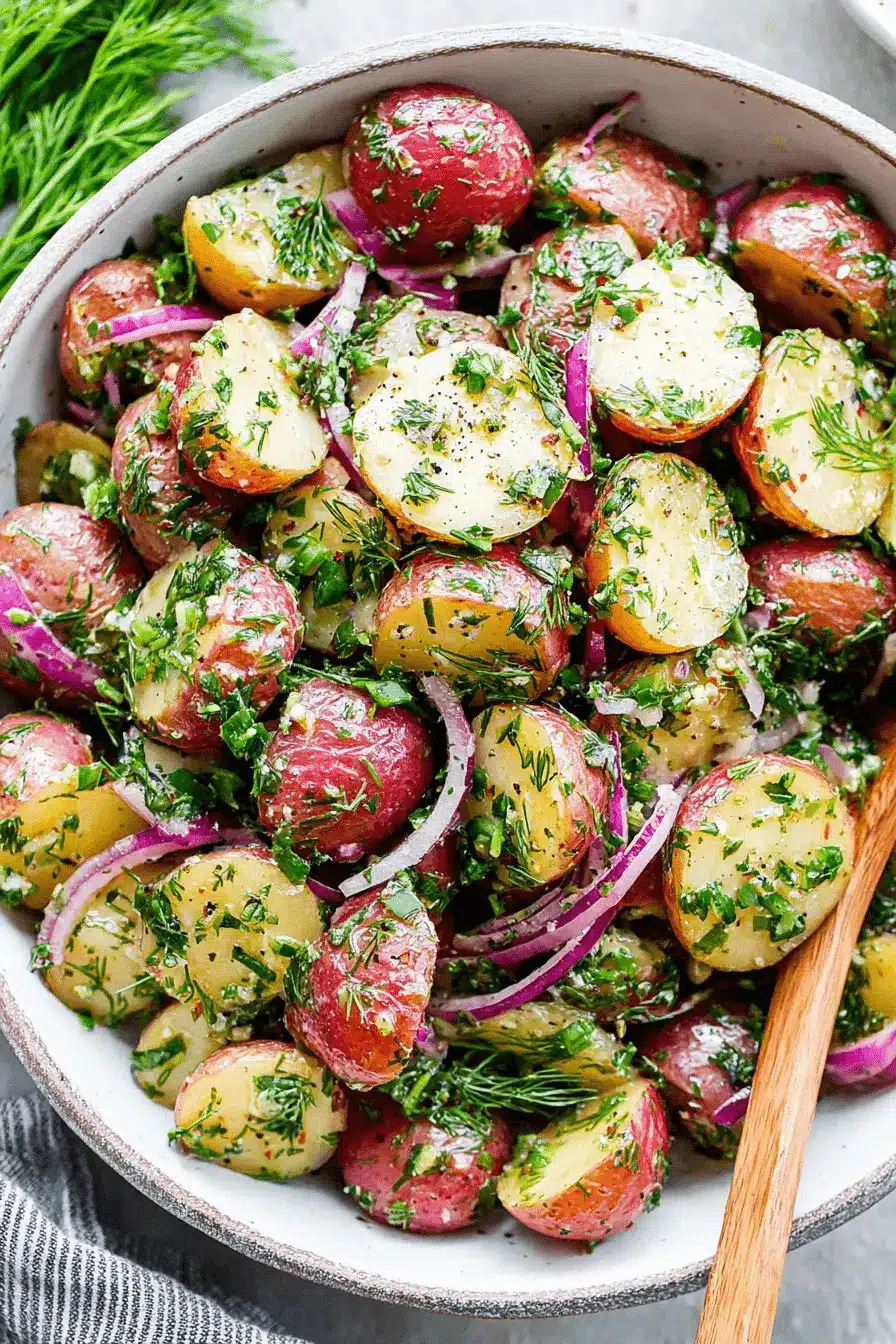 Magical No Mayo Potato Salad: Quick & Zesty 2 Vibrant no mayo potato salad with red-skinned potatoes, fresh herbs, and red onion in a rustic bowl, ready to serve.