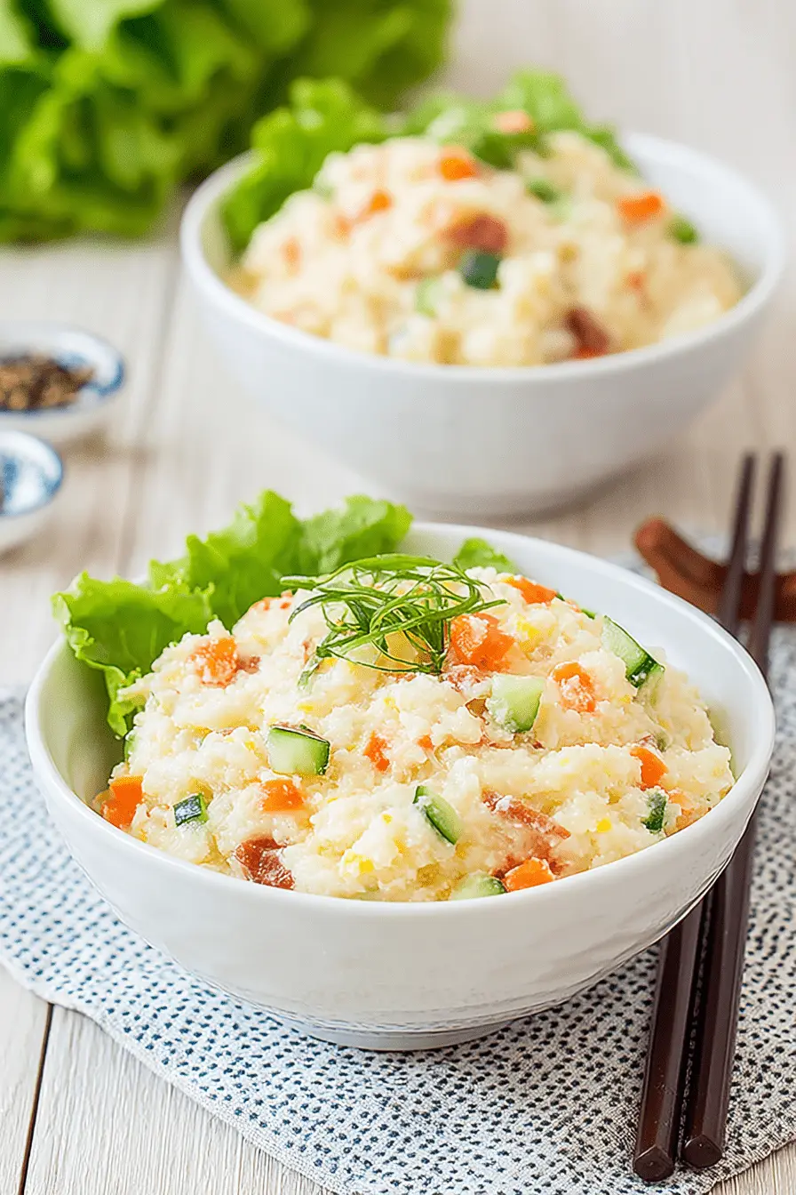 The Ultimate Japanese Potato Salad Recipe 2 Creamy Japanese potato salad with carrots, cucumber, and chives, served in a white bowl with chopsticks.