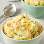 Wonderful Korean Potato Salad Recipe 5 Close-up of a creamy homemade korean potato salad, garnished with carrots, cucumber, and boiled eggs, served in a light green ceramic bowl.