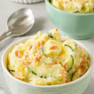 Wonderful Korean Potato Salad Recipe 4 Close-up of a creamy homemade korean potato salad, garnished with carrots, cucumber, and boiled eggs, served in a light green ceramic bowl.