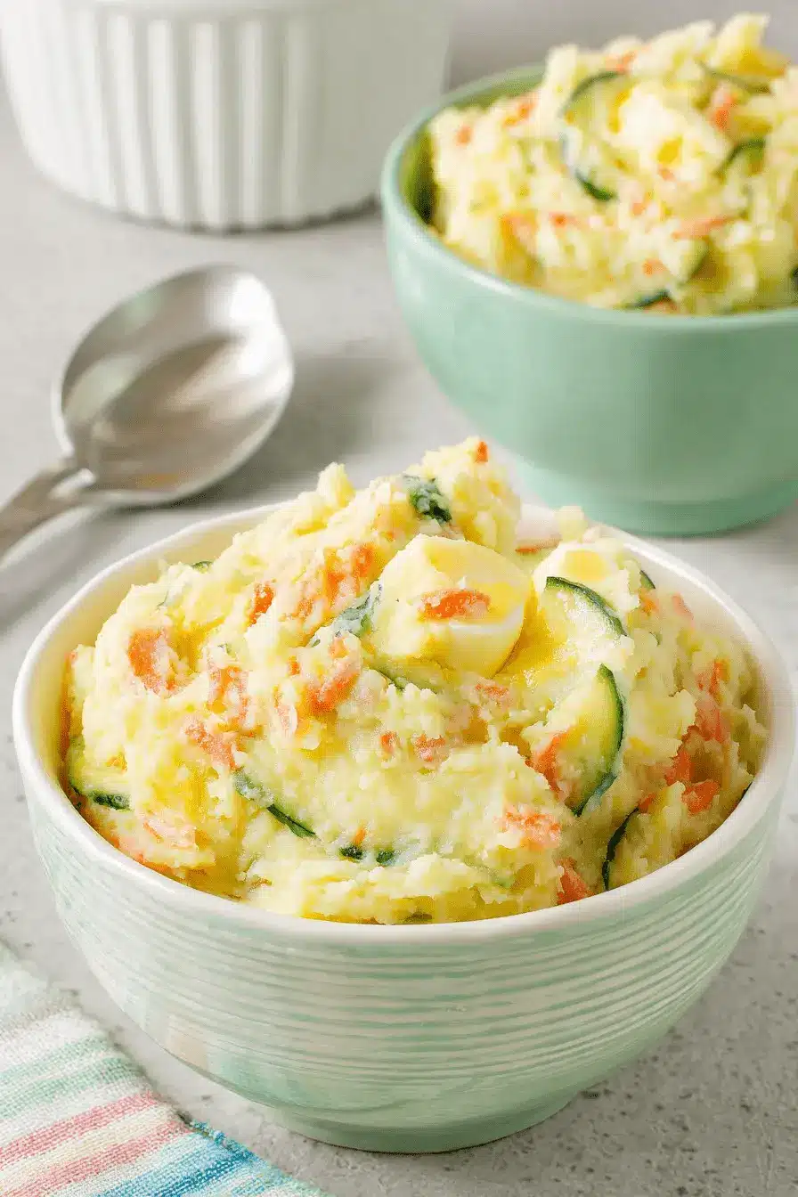 Wonderful Korean Potato Salad Recipe 2 Close-up of a creamy homemade korean potato salad, garnished with carrots, cucumber, and boiled eggs, served in a light green ceramic bowl.