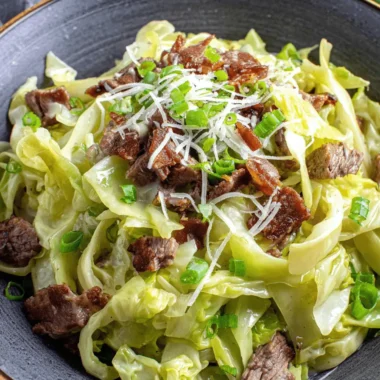 Easy Cabbage Dumplings: Quick Weeknight Meal 3 A warm, close-up view of savory braised cabbage with tender meat, garnished with bacon and green onions, offering a comforting meal often enjoyed with cabbage dumplings.