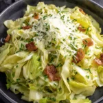 Amazing Cabbage Dumplings: Authentic & Easy Recipe 5 Close-up of savory cooked cabbage with bacon, Parmesan, and chives, a comforting side dish sharing flavors with hearty cabbage dumplings.