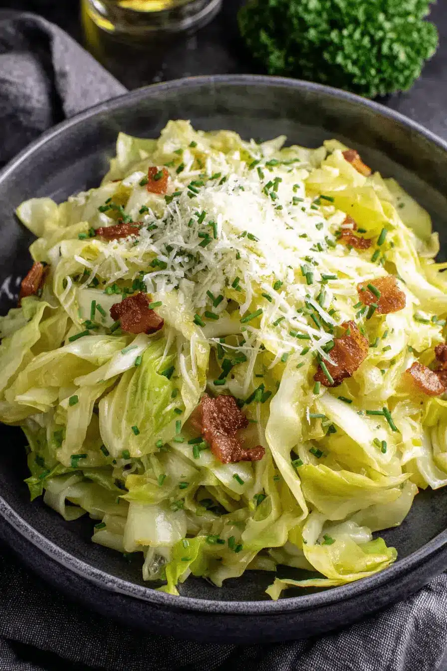 Amazing Cabbage Dumplings: Authentic & Easy Recipe 2 Close-up of savory cooked cabbage with bacon, Parmesan, and chives, a comforting side dish sharing flavors with hearty cabbage dumplings.
