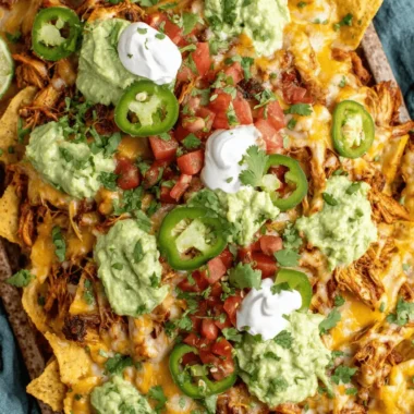 The Ultimate Crispy Chicken Nachos Recipe 3 Close-up overhead view of a loaded chicken nachos recipe served on a baking sheet with guacamole, sour cream, tomatoes, and jalapeños.