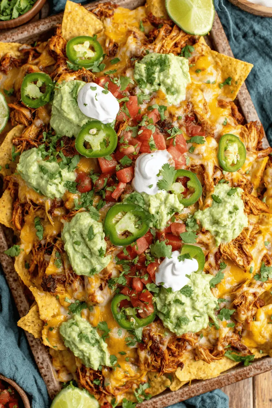 The Ultimate Crispy Chicken Nachos Recipe 2 Close-up overhead view of a loaded chicken nachos recipe served on a baking sheet with guacamole, sour cream, tomatoes, and jalapeños.