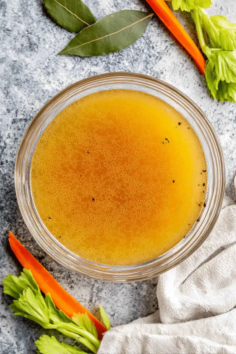 The Ultimate Chicken Stock Recipe 2 A golden bowl of freshly prepared chicken stock, surrounded by bay leaves, carrots, and celery—key ingredients for a delicious chicken stock recipe.