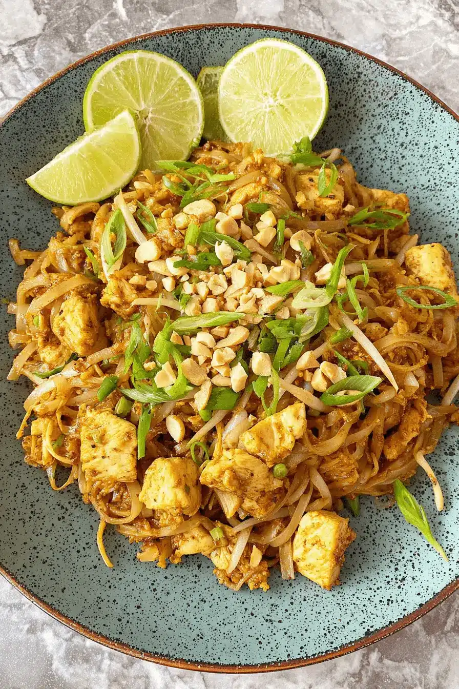 Amazing Easy Chicken Pad Thai Recipe 2 Close-up overhead view of a vibrant chicken pad thai recipe served in a teal bowl, garnished with lime, peanuts, and scallions.