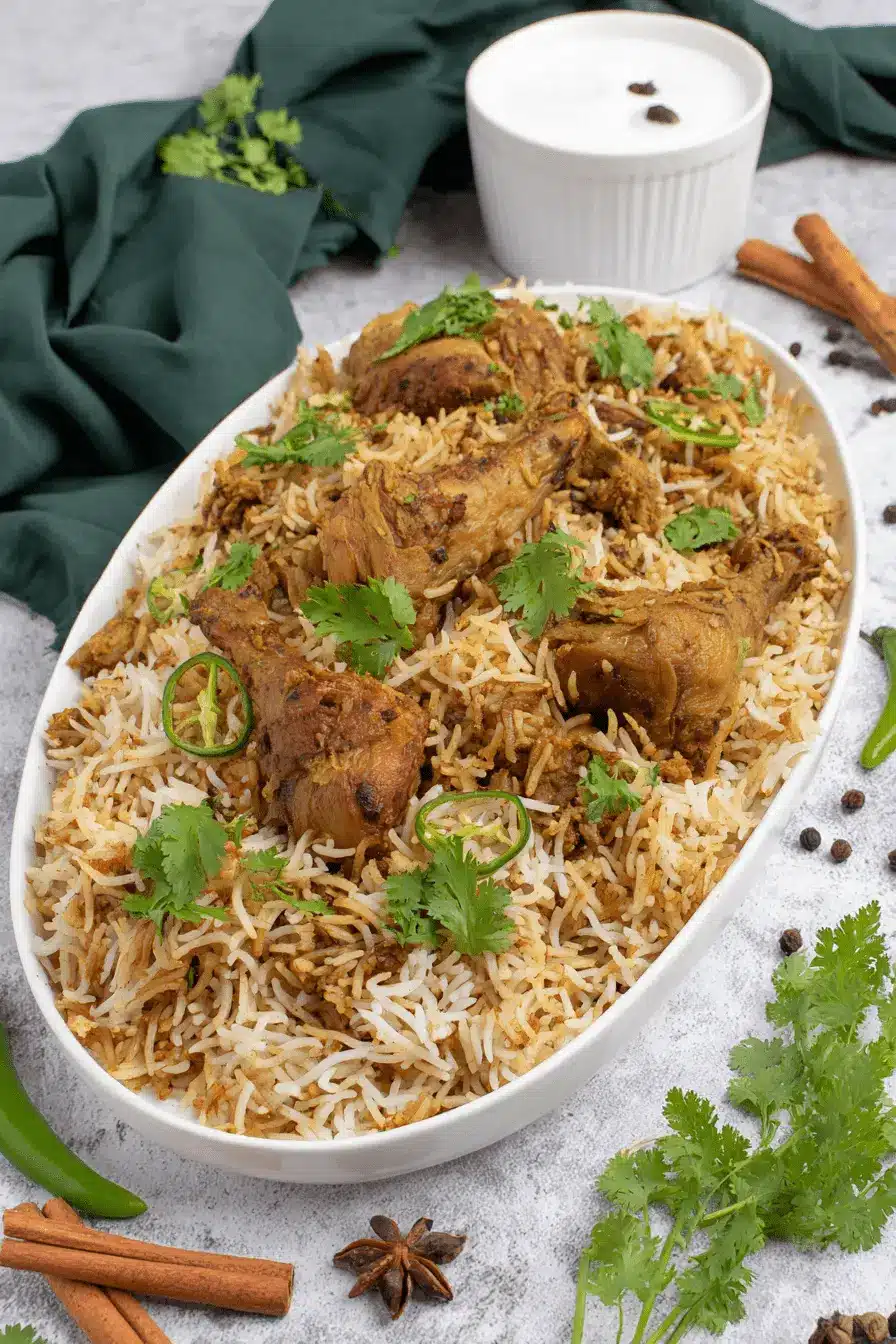 Foolproof Chicken Pulao Recipe for Fluffy Rice 2 Overhead shot of a generously portioned, aromatic chicken pulao recipe on a white platter, garnished with cilantro and green chilies.