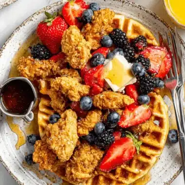 The Ultimate Crispy Chicken and Waffles Recipe 3 Delicious chicken and waffles recipe with golden fried chicken, fluffy waffles, fresh berries, and maple syrup.