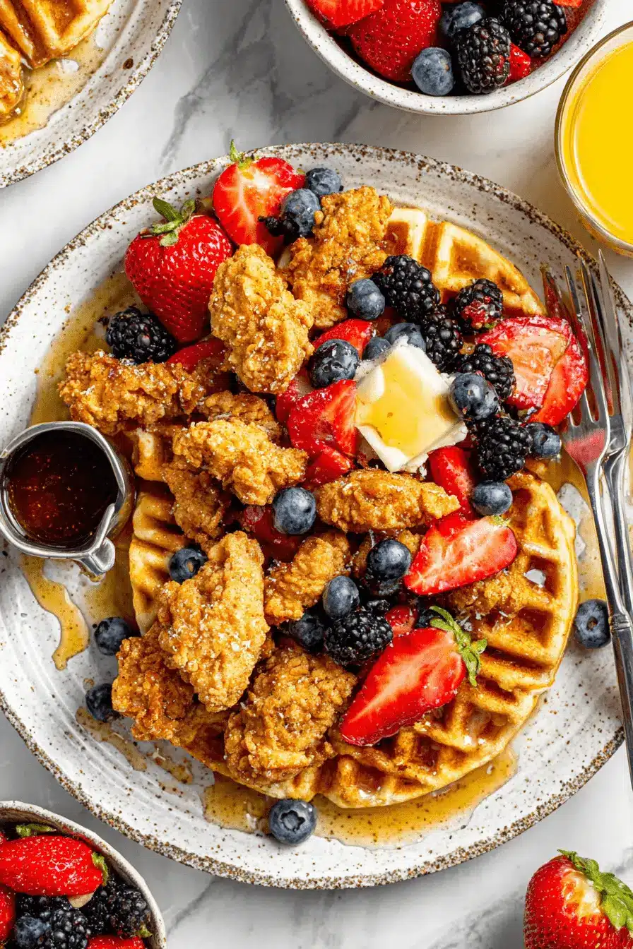 The Ultimate Crispy Chicken and Waffles Recipe 2 Delicious chicken and waffles recipe with golden fried chicken, fluffy waffles, fresh berries, and maple syrup.