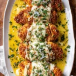 Ultimate Chicken Scampi Recipe: Dinner in 25 Mins 9 Golden-brown chicken cutlets with melted cheese, fresh parsley, and rich scampi sauce on a platter, showcasing a delicious chicken scampi recipe.