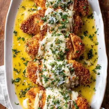 Ultimate Chicken Scampi Recipe: Dinner in 25 Mins 3 Golden-brown chicken cutlets with melted cheese, fresh parsley, and rich scampi sauce on a platter, showcasing a delicious chicken scampi recipe.
