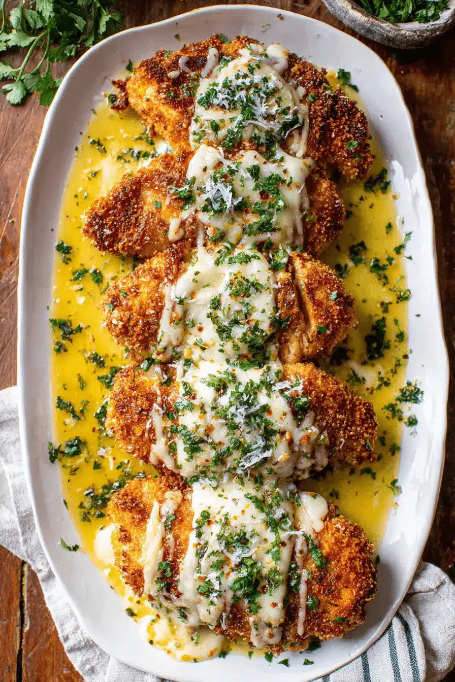 Ultimate Chicken Scampi Recipe: Dinner in 25 Mins 2 Golden-brown chicken cutlets with melted cheese, fresh parsley, and rich scampi sauce on a platter, showcasing a delicious chicken scampi recipe.