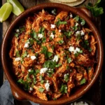 Amazing Quick Chicken Tinga Recipe 8 Top-down view of a rustic chicken tinga recipe in an earthenware bowl, garnished with crumbled cheese and cilantro, served with warm corn tortillas, red onions, and lime wedges.