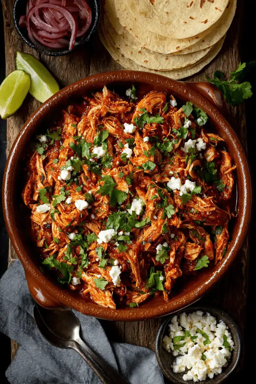 Amazing Quick Chicken Tinga Recipe 2 Top-down view of a rustic chicken tinga recipe in an earthenware bowl, garnished with crumbled cheese and cilantro, served with warm corn tortillas, red onions, and lime wedges.