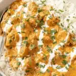 Amazing Simplified Chicken Korma Recipe 7 Close-up of creamy Butter Chicken and rice, garnished with fresh cilantro, inspiring delicious chicken korma recipe ideas.