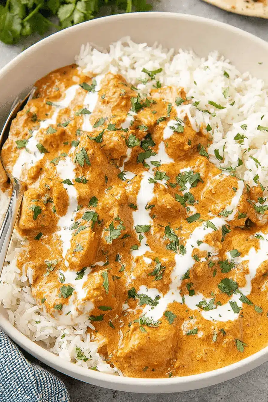 Amazing Simplified Chicken Korma Recipe 2 Close-up of creamy Butter Chicken and rice, garnished with fresh cilantro, inspiring delicious chicken korma recipe ideas.