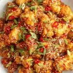 Ultimate Crispy Korean Fried Chicken Recipe 6 Close-up of crispy, glazed Korean fried chicken topped with fresh scallions, red chili peppers, and sesame seeds.