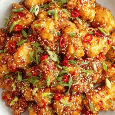 Ultimate Crispy Korean Fried Chicken Recipe 4 Close-up of crispy, glazed Korean fried chicken topped with fresh scallions, red chili peppers, and sesame seeds.