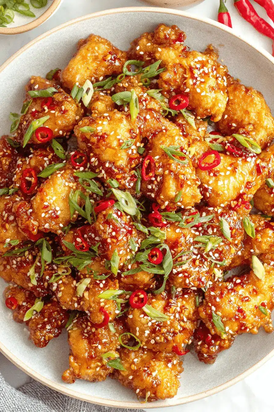 Ultimate Crispy Korean Fried Chicken Recipe 2 Close-up of crispy, glazed Korean fried chicken topped with fresh scallions, red chili peppers, and sesame seeds.