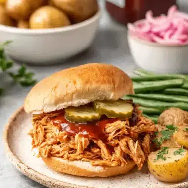 Amazing Easy Pulled Chicken Recipe 21 Close-up of a delicious barbecue pulled chicken recipe sandwich with pickles, served with roasted baby potatoes and green beans.