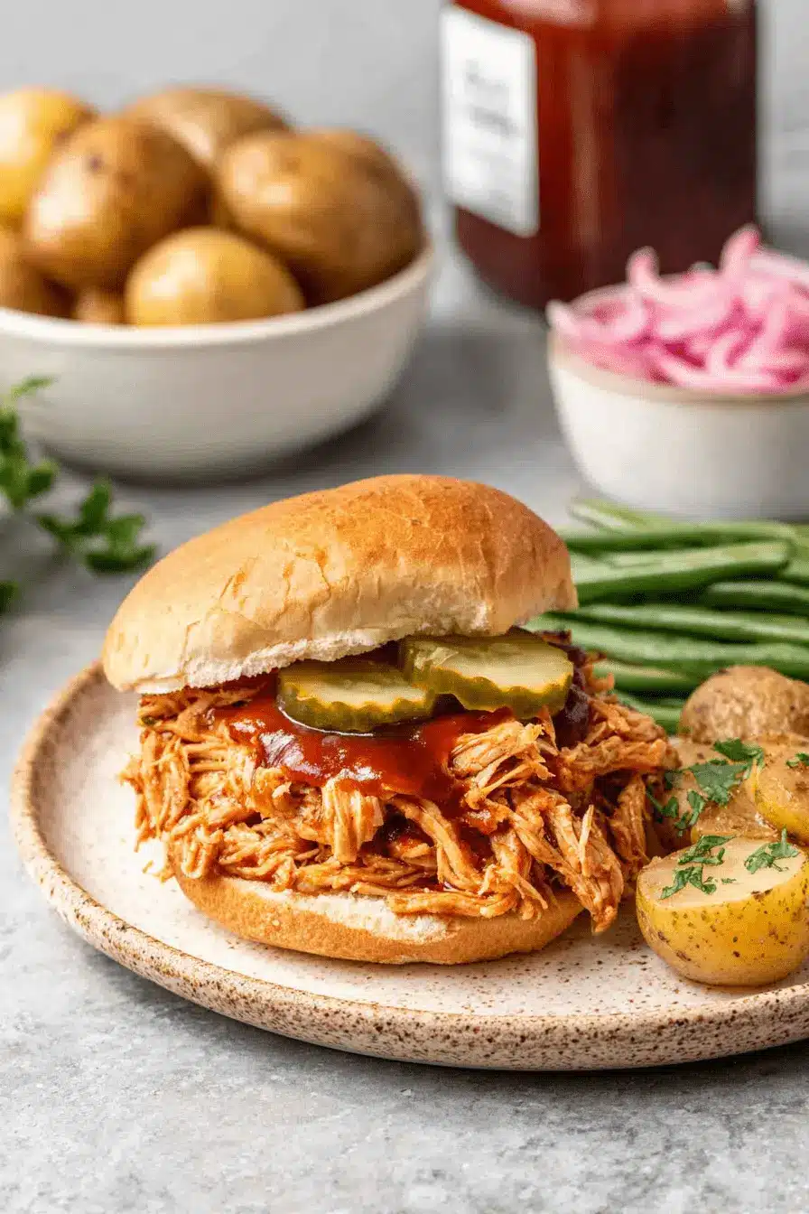 Amazing Easy Pulled Chicken Recipe 2 Close-up of a delicious barbecue pulled chicken recipe sandwich with pickles, served with roasted baby potatoes and green beans.