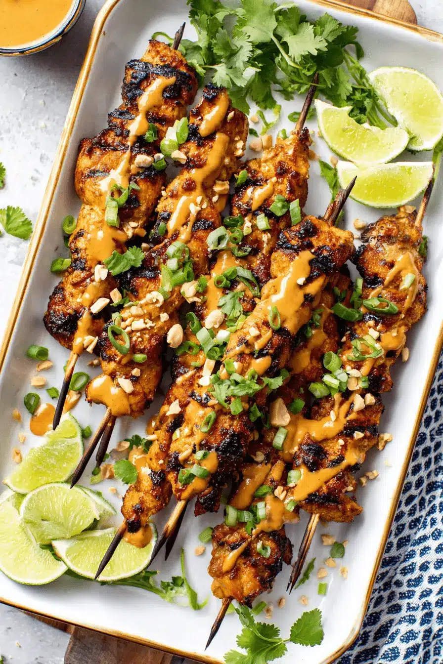 The Ultimate Chicken Satay Recipe for Any Cook 11 Golden brown grilled chicken satay skewers with creamy peanut sauce, fresh lime, and cilantro, inspiring your next chicken satay recipe.