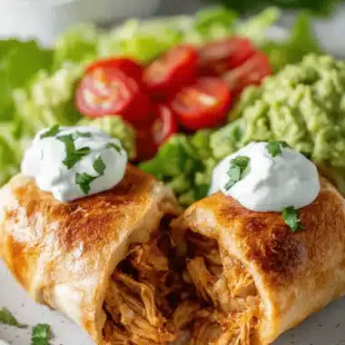 The Ultimate Chicken Chimichanga Recipe 3 Close-up of a golden-brown shredded chicken chimichanga, cut in half to reveal its savory filling, served with sour cream, herbs, a side salad, and fresh guacamole, showcasing a delicious chicken chimichanga recipe.