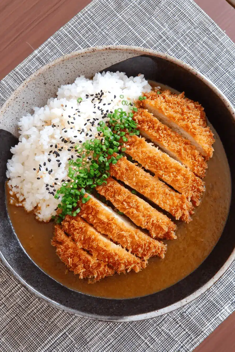 The Ultimate Crispy Chicken Katsu Recipe 2 Overhead view of a delicious Japanese katsu curry with golden-brown chicken katsu, fluffy rice, and rich curry sauce, perfect for a chicken katsu recipe.
