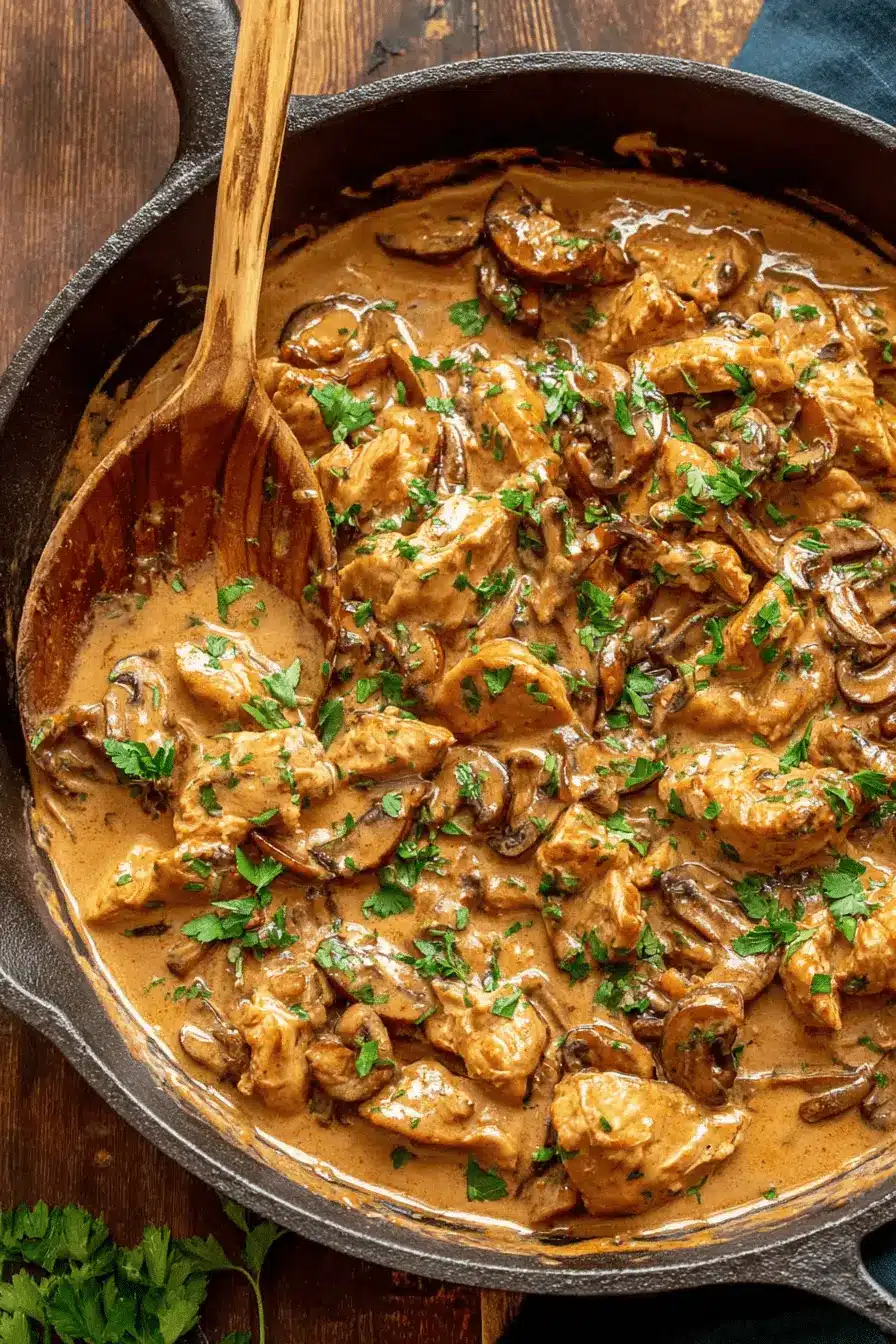 Amazing Foolproof Chicken Stroganoff Recipe 2 Creamy chicken stroganoff recipe with mushrooms and fresh parsley in a cast-iron skillet.