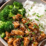 Fantastic 30-Minute Teriyaki Chicken Recipe 9 Close-up overhead shot of a delicious teriyaki chicken recipe meal with glazed chicken, white rice, and steamed broccoli in a light gray bowl on a rustic wooden surface.