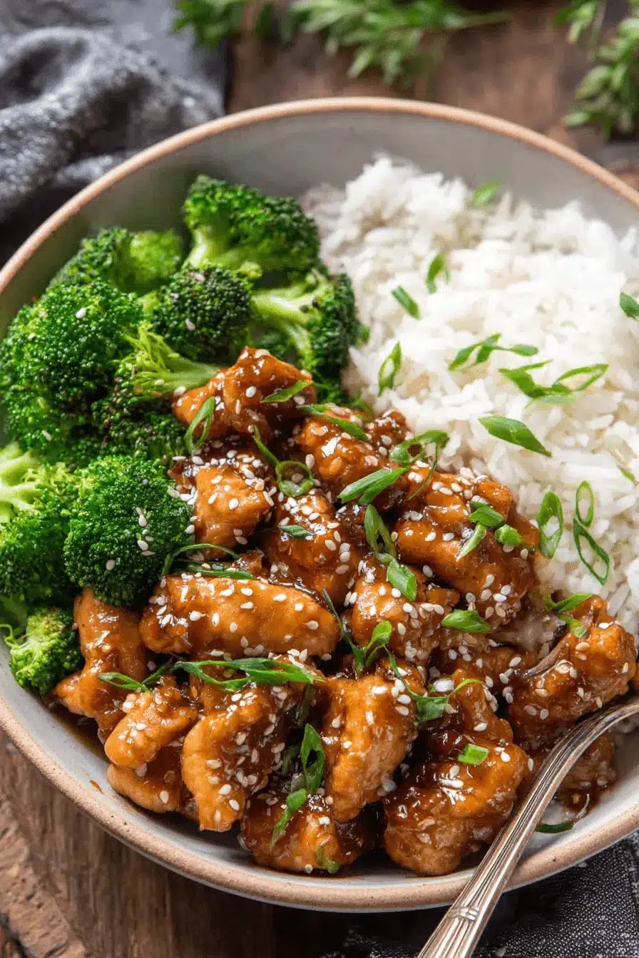 Fantastic 30-Minute Teriyaki Chicken Recipe 2 Close-up overhead shot of a delicious teriyaki chicken recipe meal with glazed chicken, white rice, and steamed broccoli in a light gray bowl on a rustic wooden surface.