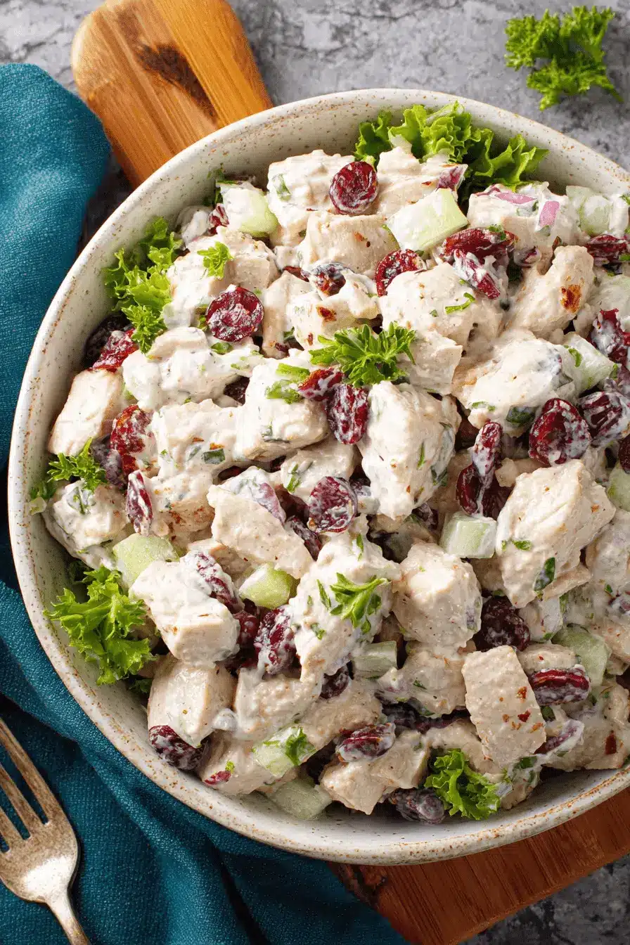 Wonderful Canned Chicken Salad: Fast & Easy Lunch 2 A creamy bowl of fresh canned chicken salad with dried cranberries, cucumber, and green herbs on a dark surface, ready to eat.