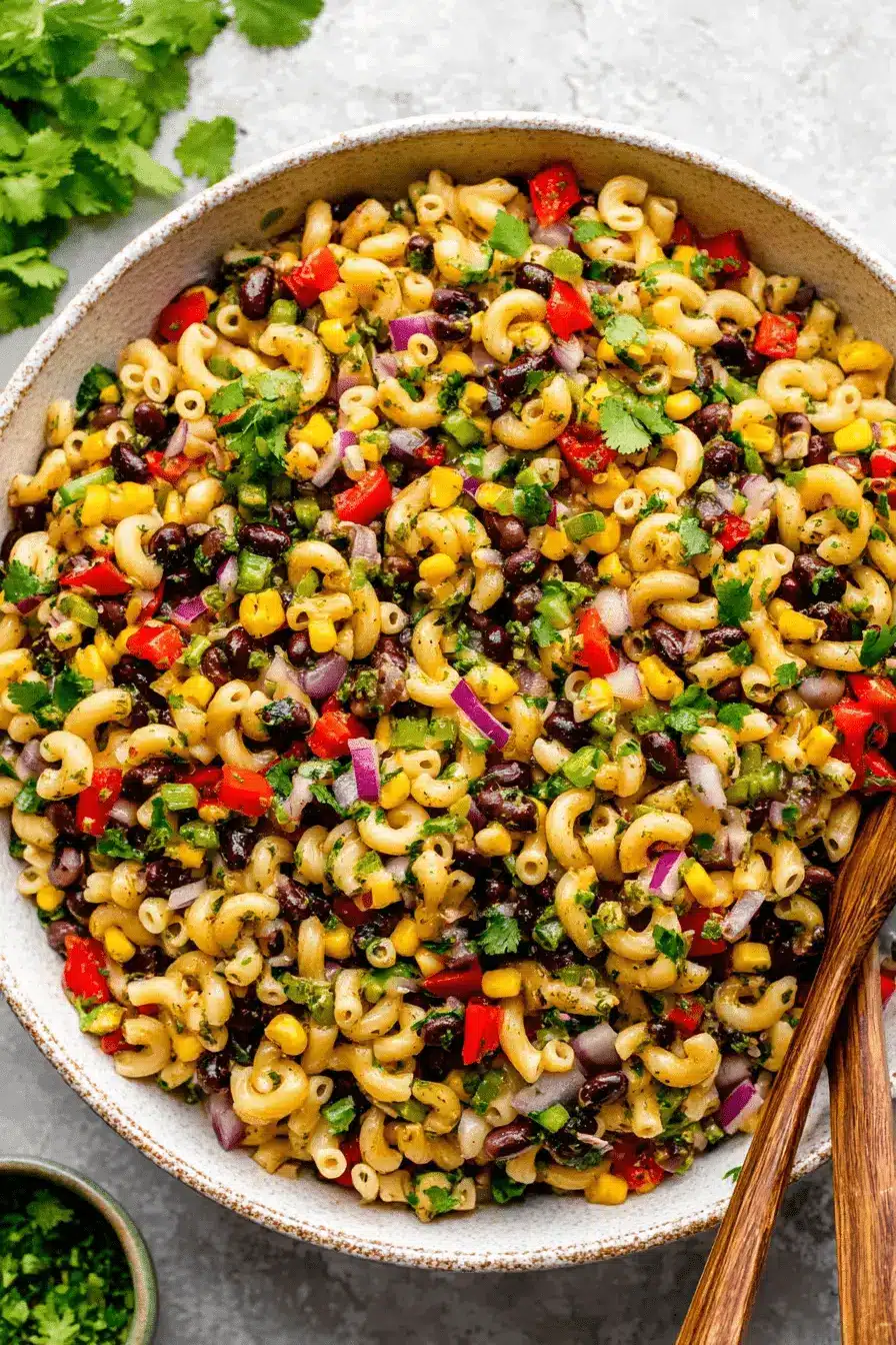Vibrant Cowboy Caviar Pasta Salad for Easy Meals 2 A vibrant close-up of cowboy caviar pasta salad in a rustic ceramic bowl, featuring elbow macaroni, black beans, corn, red bell pepper, red onion, green onions, and fresh cilantro, served with wooden spoons.