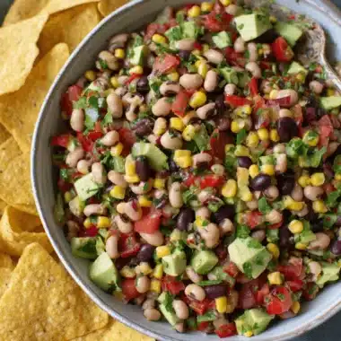 Amazing Vegan Cowboy Caviar for a Quick Feast 4 Vibrant vegan cowboy caviar with black beans, corn, avocado, and tortilla chips.