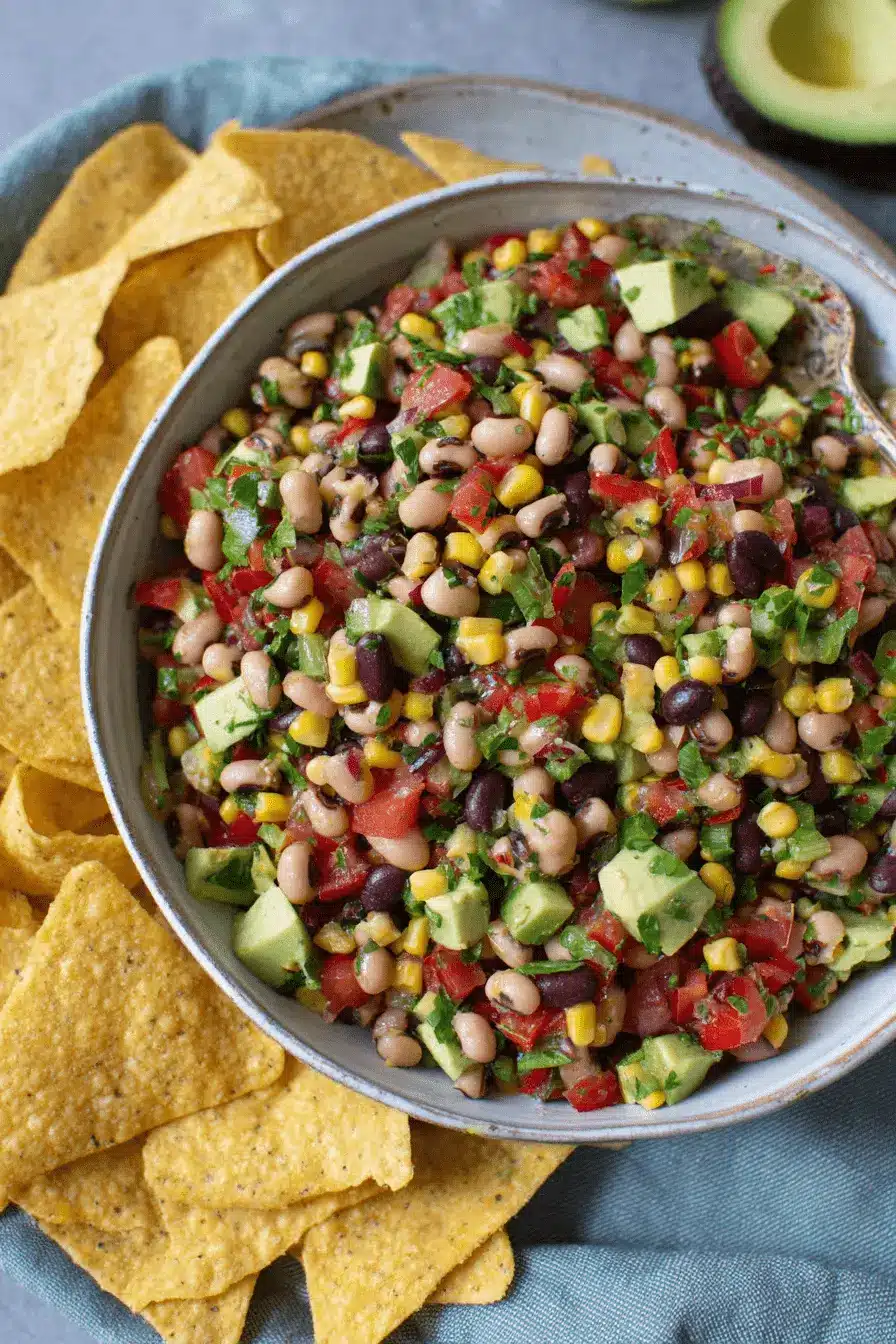 Amazing Vegan Cowboy Caviar for a Quick Feast 2 Vibrant vegan cowboy caviar with black beans, corn, avocado, and tortilla chips.
