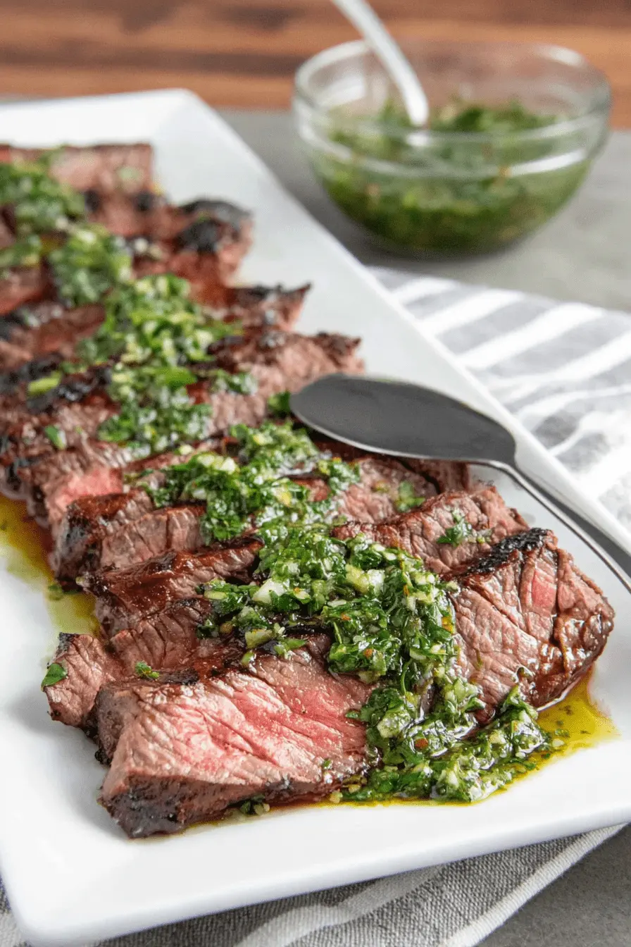 The Ultimate Chimichurri Skirt Steak Recipe 2 Perfectly grilled and sliced chimichurri skirt steak on a white plate.