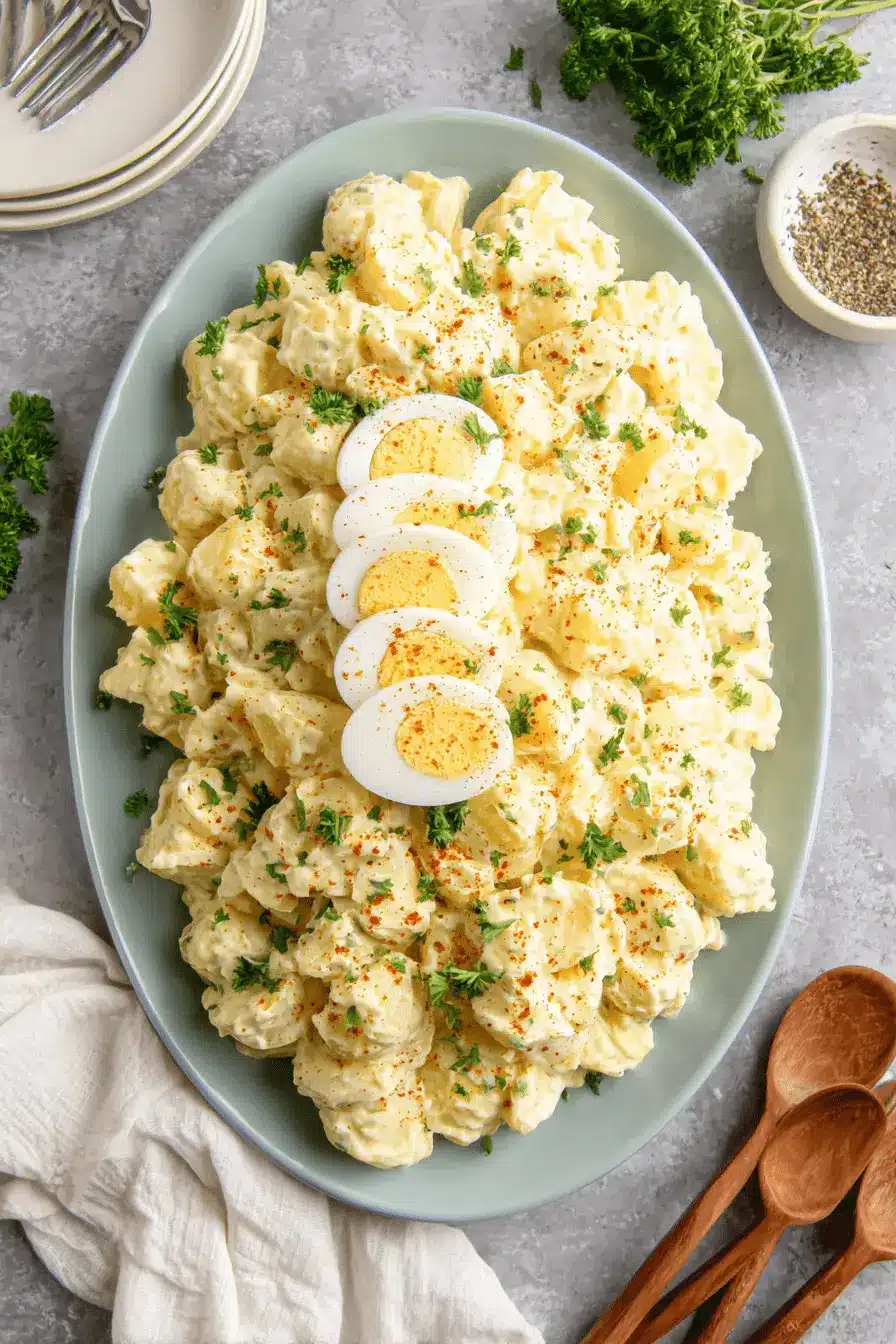 The Ultimate Creamy Southern Potato Salad 2 Creamy southern potato salad on a blue platter, garnished with paprika, fresh parsley, and hard-boiled egg halves.