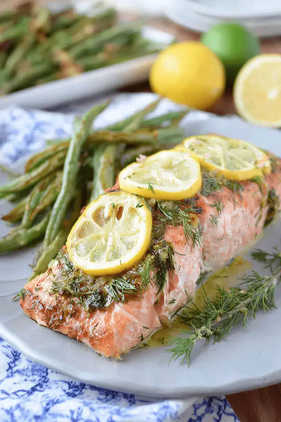 Ultimate Lemon Herb Salmon: Quick & Easy Dinner 2 Beautifully baked lemon herb salmon fillet garnished with fresh dill and lemon slices, served with roasted green beans.