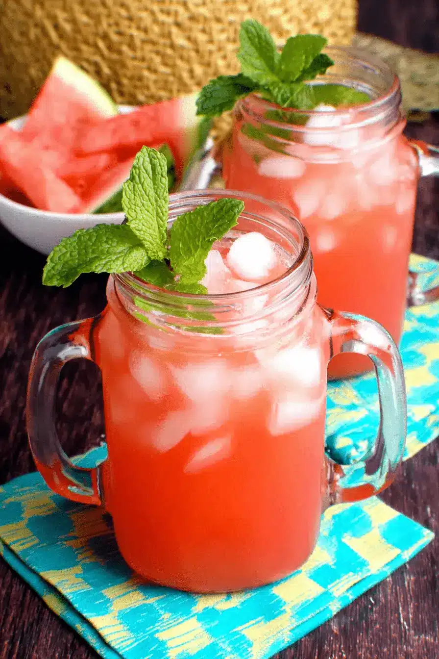 Quick & Easy Watermelon Cooler Recipe 2 Close-up of two refreshing watermelon coolers in mason jars, garnished with mint, on colorful checkered napkins.