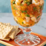 Simple & Vibrant Mexican Shrimp Cocktail Recipe 8 Elegant mexican shrimp cocktail in a footed glass bowl, garnished with fresh herbs and served with crackers.