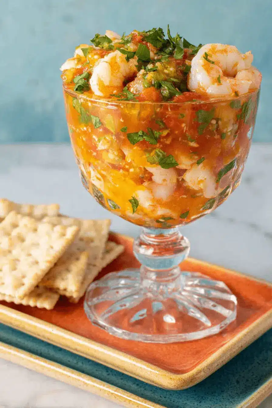 Simple & Vibrant Mexican Shrimp Cocktail Recipe 2 Elegant mexican shrimp cocktail in a footed glass bowl, garnished with fresh herbs and served with crackers.