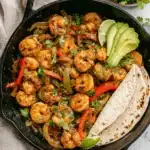 Amazing 30-Minute Shrimp Fajitas Recipe 7 Close-up of vibrant shrimp fajitas in a cast-iron skillet with bell peppers, onions, avocado, and lime.