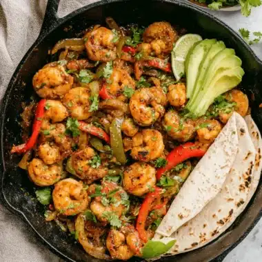 Amazing 30-Minute Shrimp Fajitas Recipe 4 Close-up of vibrant shrimp fajitas in a cast-iron skillet with bell peppers, onions, avocado, and lime.