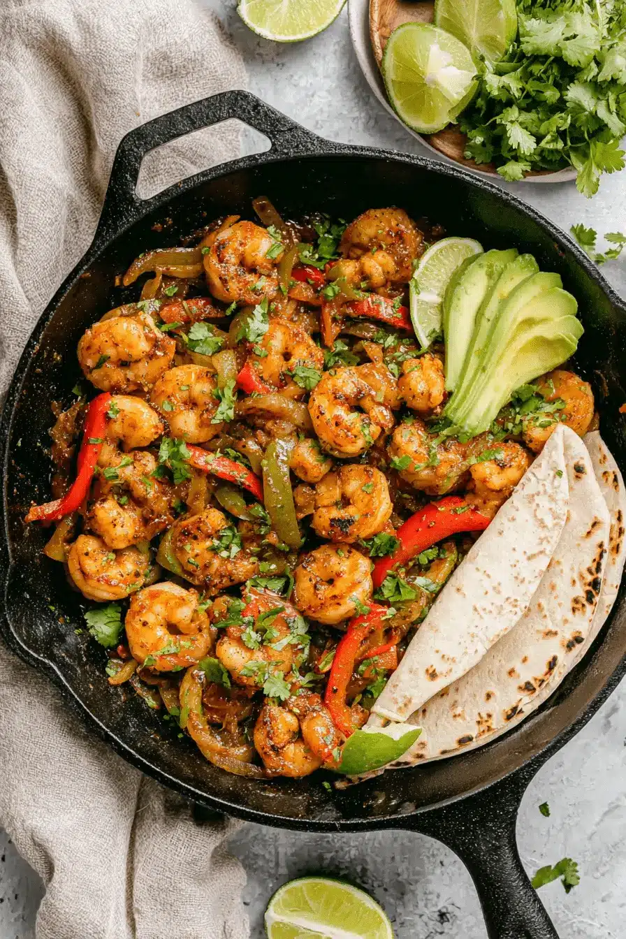 Amazing 30-Minute Shrimp Fajitas Recipe 2 Close-up of vibrant shrimp fajitas in a cast-iron skillet with bell peppers, onions, avocado, and lime.