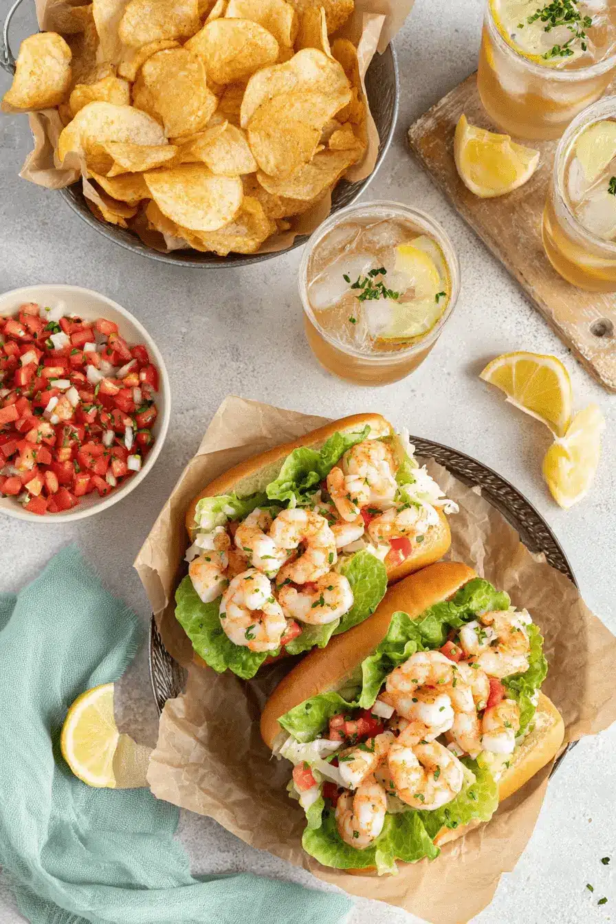Ultimate Crispy Shrimp PoBoy Sandwich 2 Two vibrant shrimp poboy sandwiches filled with fresh seasoned shrimp, lettuce, and salsa.