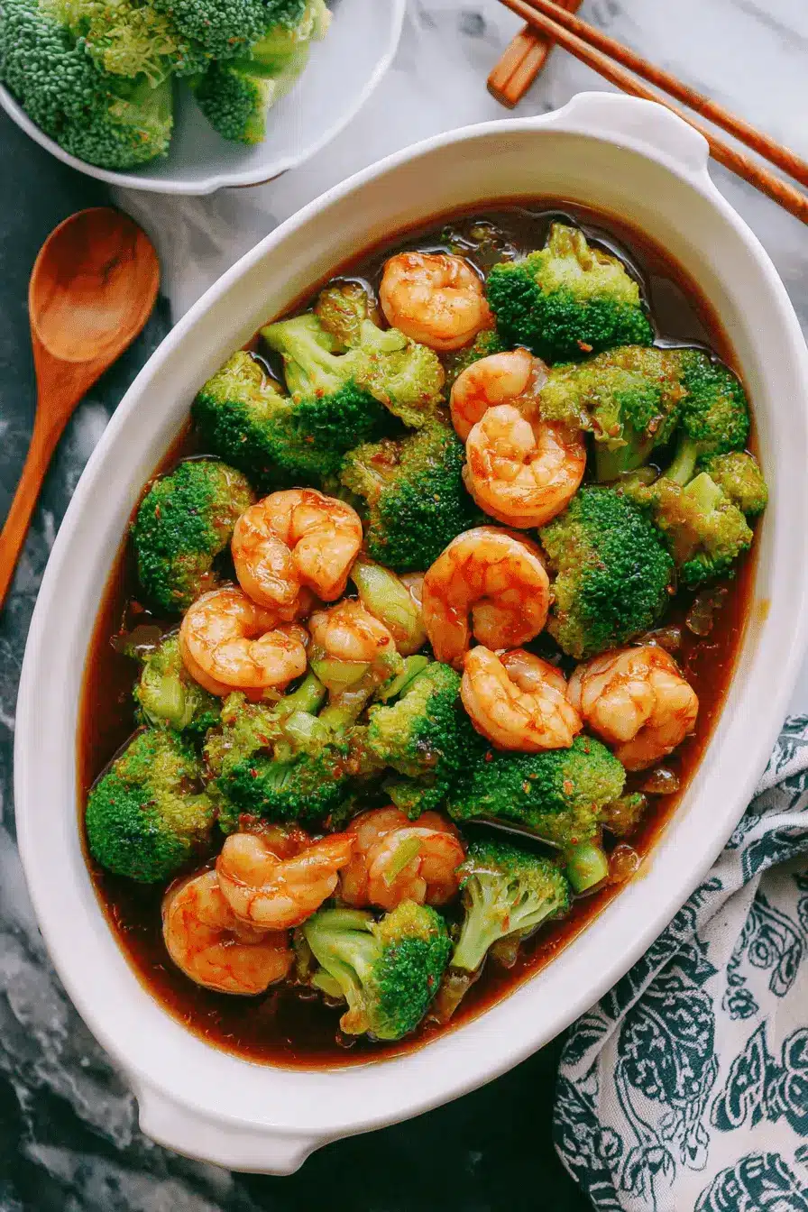 Amazing Honey Garlic Shrimp and Broccoli 2 Close-up of a delicious shrimp and broccoli stir-fry in a white oval dish on a dark surface, ready to eat with chopsticks.