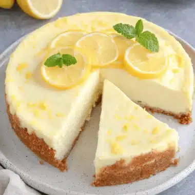 Ultimate Lemony White Chocolate Cheesecake Recipe 3 A creamy lemony white chocolate cheesecake with a golden crust, garnished with fresh lemon slices and mint.